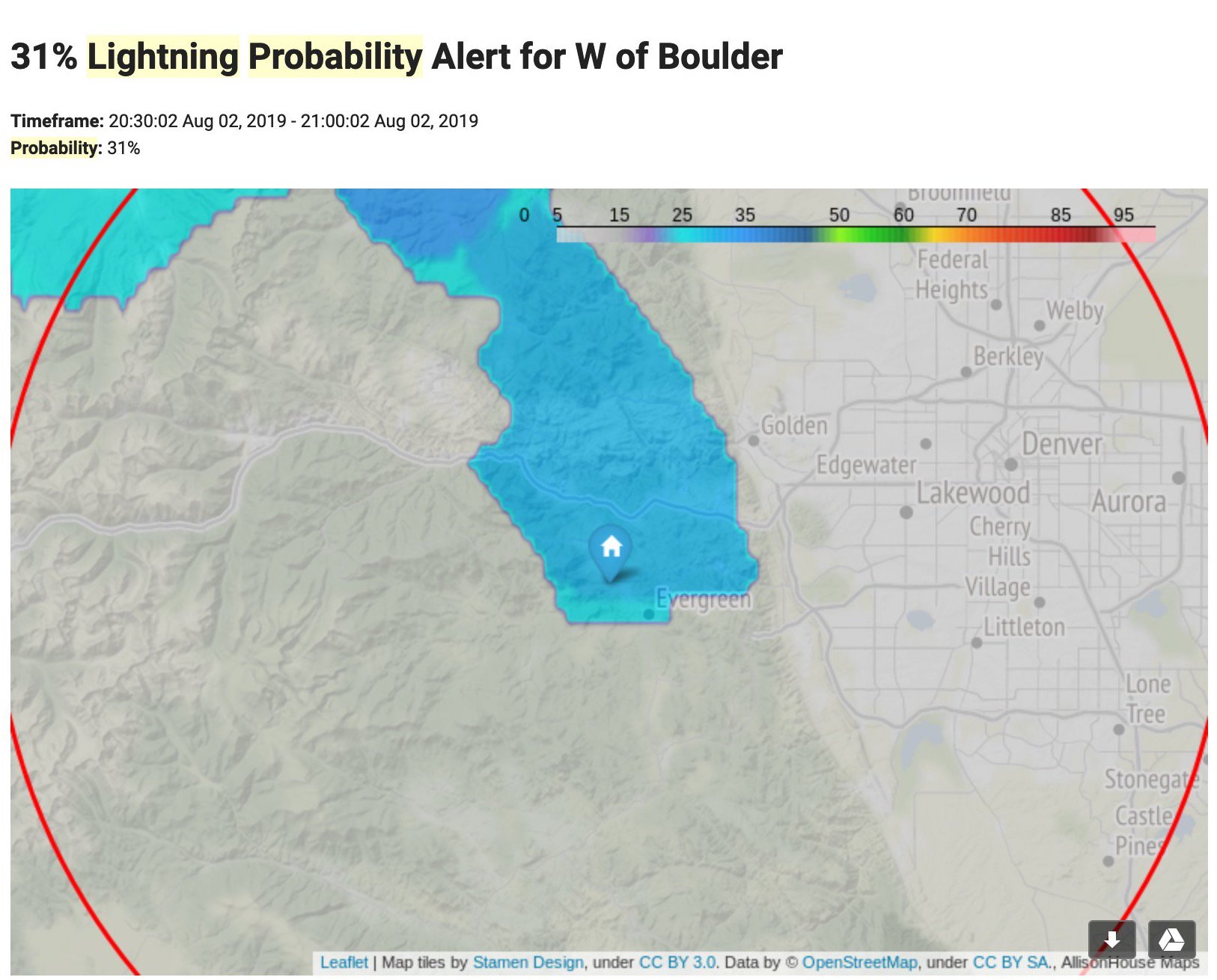 Lightning Probability Notification showing MRMS Lightning Probability