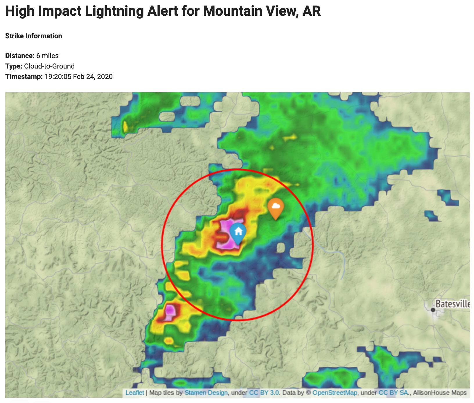 Lightning Alert Notification showing MRMS Radar and Strike Location